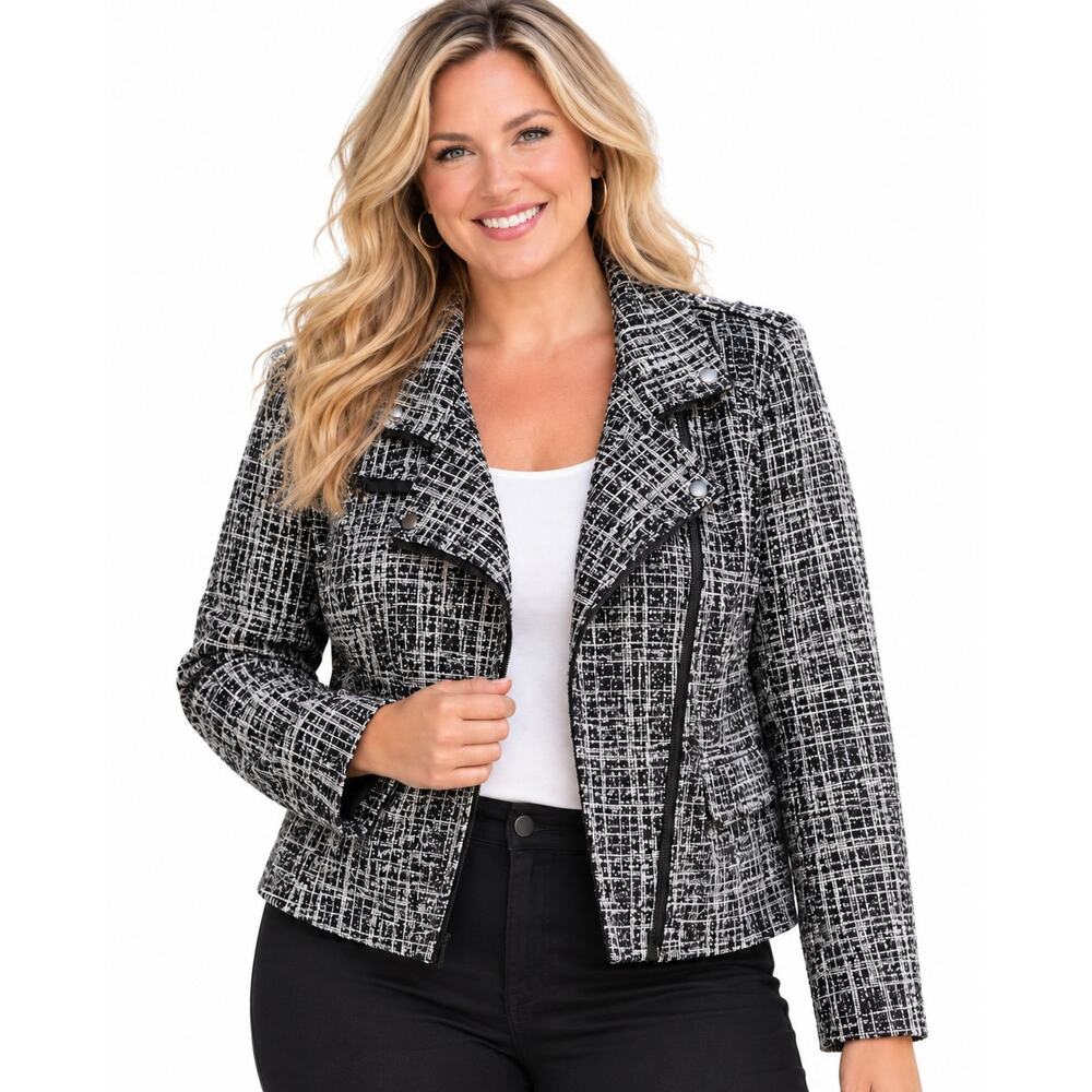 Lane Bryant Knit Tweed Moto Jacket Womens Size 14 Gray & Black Office Career Zip